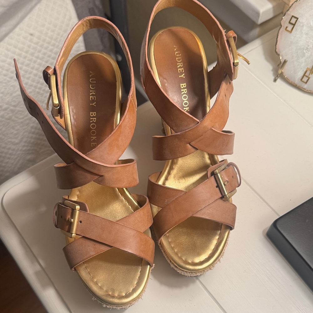 Audrey Brooke Brown Tan Leather Crisscross Wedge Sandals with Gold Insole